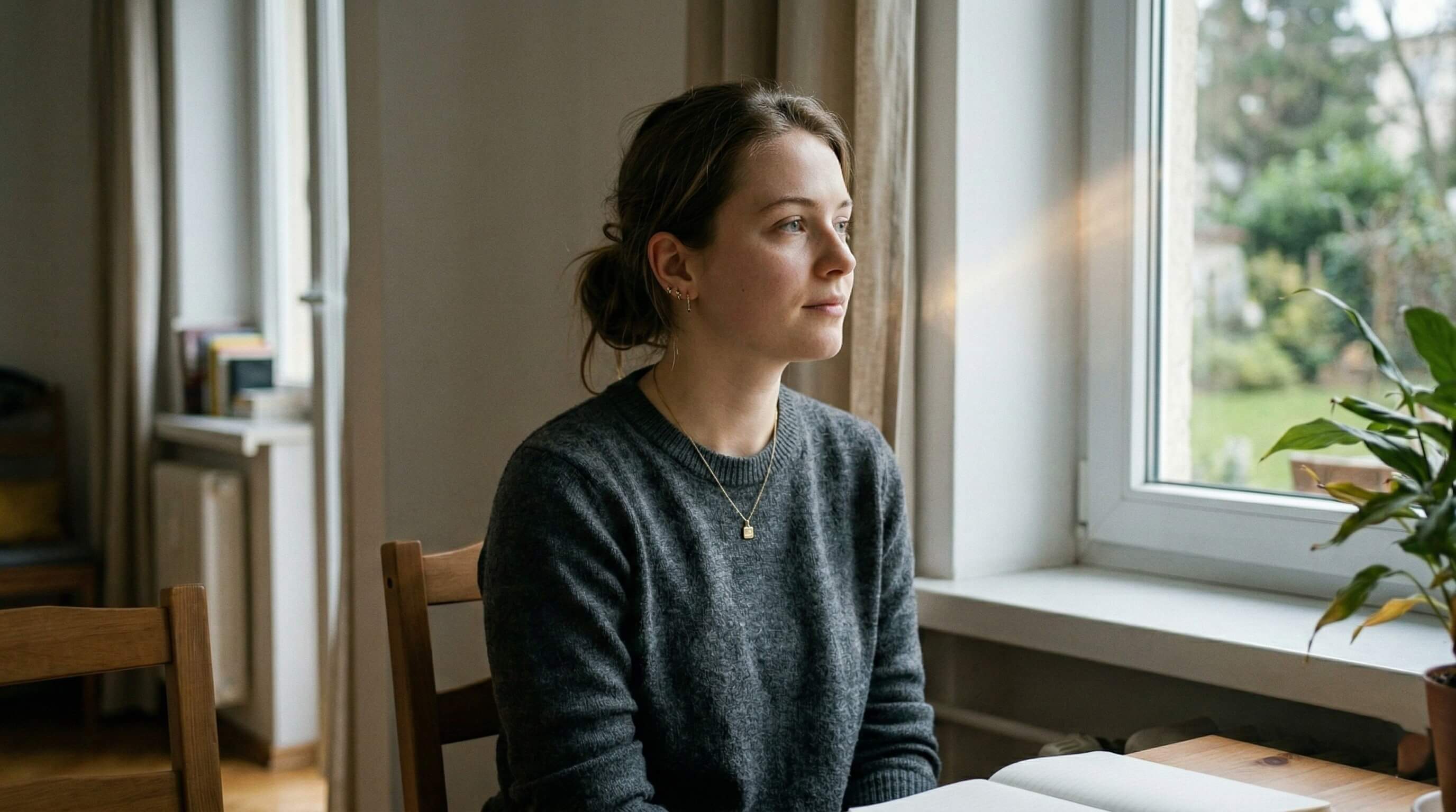 Woman sitting near a window, looking outside with a calm and reflective expression, in a moment of pause and observation.