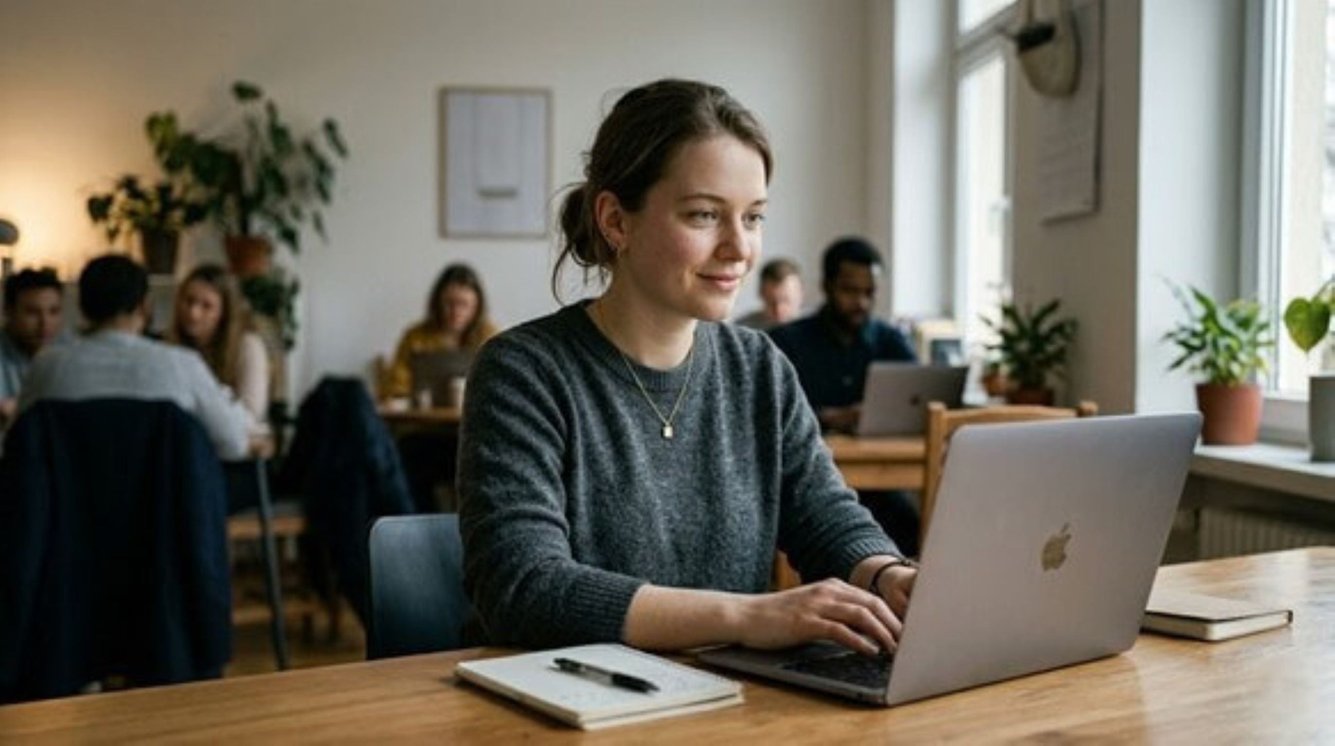Woman working on a laptop in a quiet environment, with a light and focused expression, suggesting a more conscious return to action.