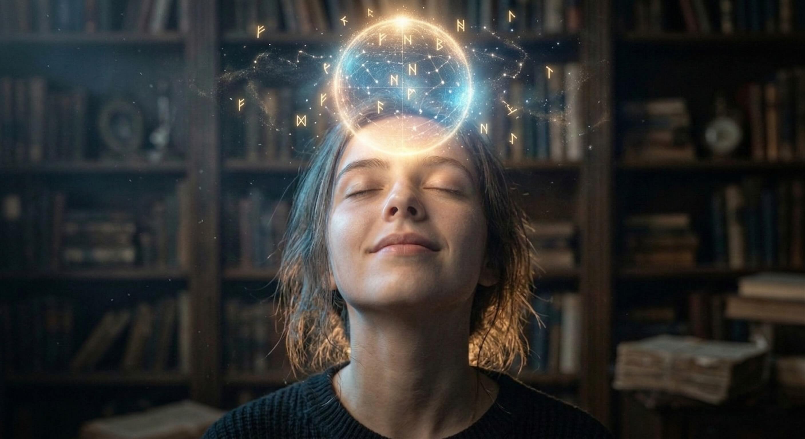 Mulher em estado contemplativo com uma esfera luminosa acima da cabeça e símbolos astrológicos ao redor, representando integração e consciência.