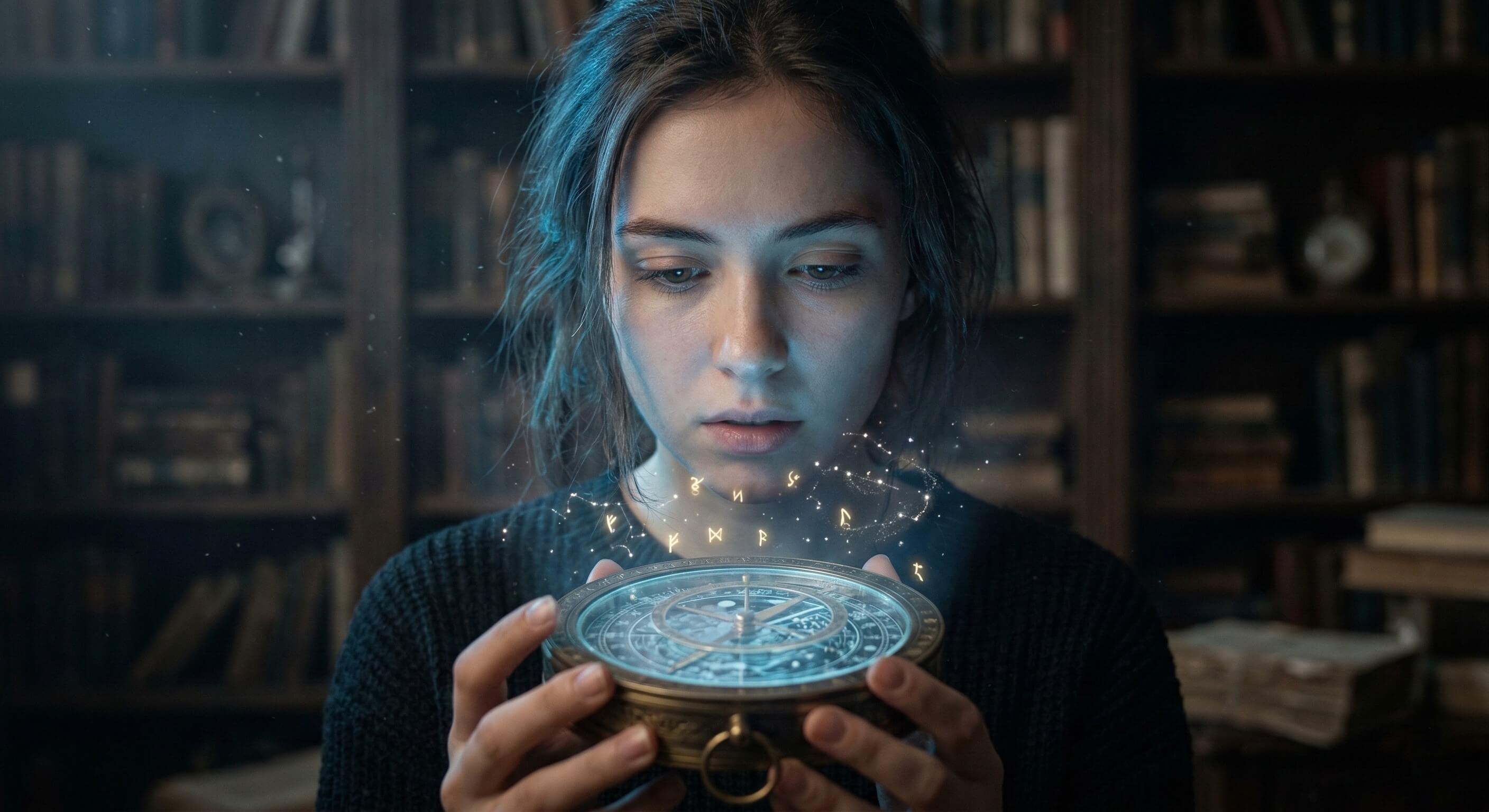 Mulher segurando um objeto astrológico brilhante com símbolos flutuando, em um ambiente de estudo, simbolizando busca interior e leitura do céu.