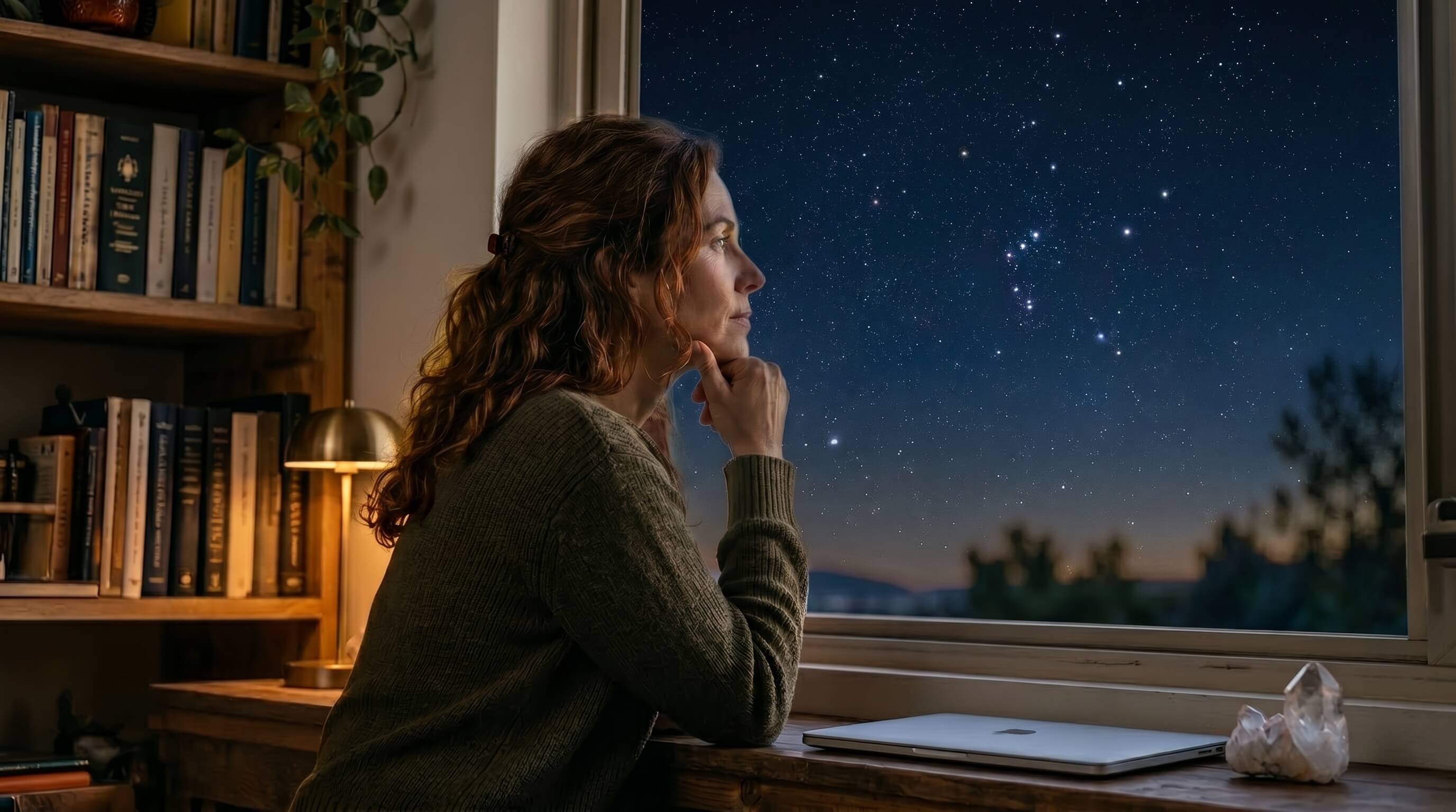The gaze toward the real sky: where the question begins A woman in profile gazes at the sky at dusk through a window, in a workspace with books and soft natural light, contemplating the first emerging stars.