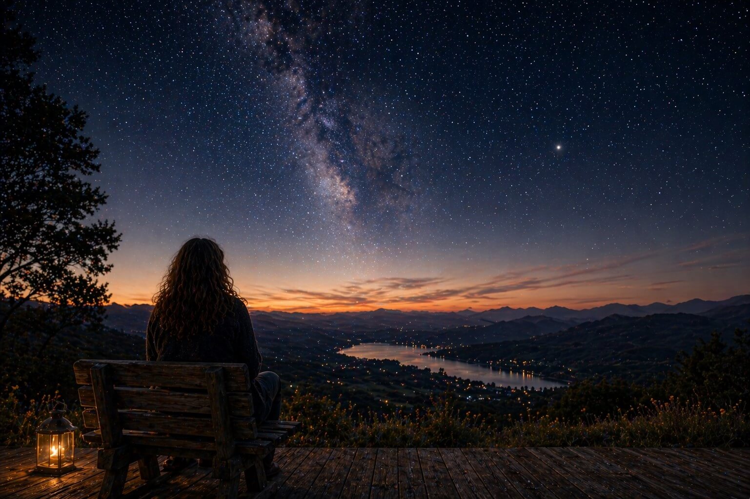 The return to the real sky: recognition and contemplation A person seated observing a starry sky over a wide landscape at dusk, with the Milky Way visible and soft light on the horizon, conveying silence and contemplation.