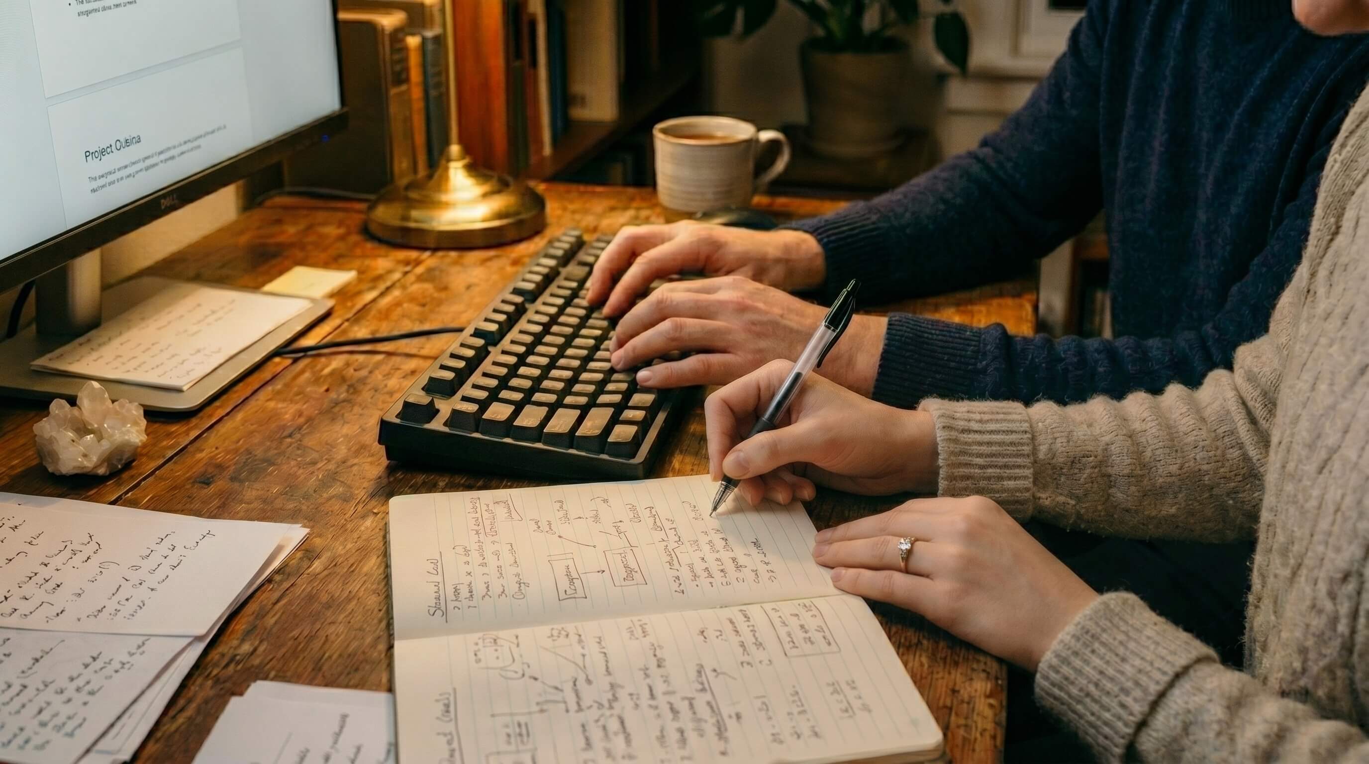 The construction of Sidereal Way: method, collaboration, and precision The hands of two people working together at a wooden table, one writing notes in a notebook while the other types on a keyboard, with a screen in the background displaying subtle data and a warm-lit environment.