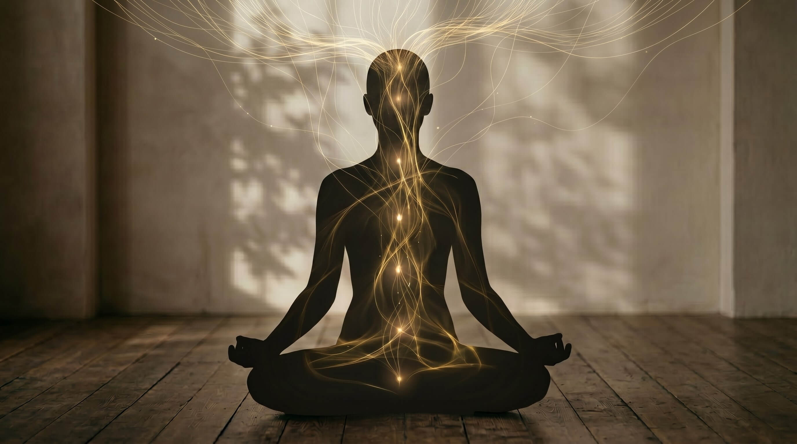 Integration between body, energy, and cosmos in the dynamics of healing Luminous human figure in a meditative state, integrated into a continuous energy field that expands and connects to the surrounding cosmos.