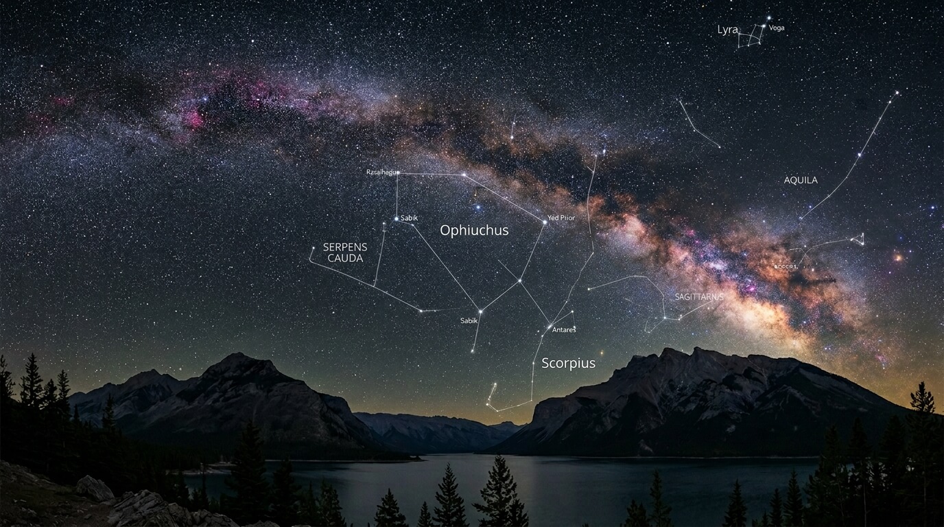 Night sky along the ecliptic showing constellations of varying sizes and irregular extents distributed along the ecliptic.