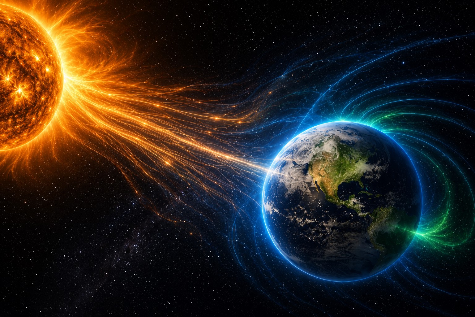 Ilustração do Sol emitindo vento solar em direção à Terra, protegida por sua magnetosfera, representando a influência do ambiente espacial sobre o planeta.