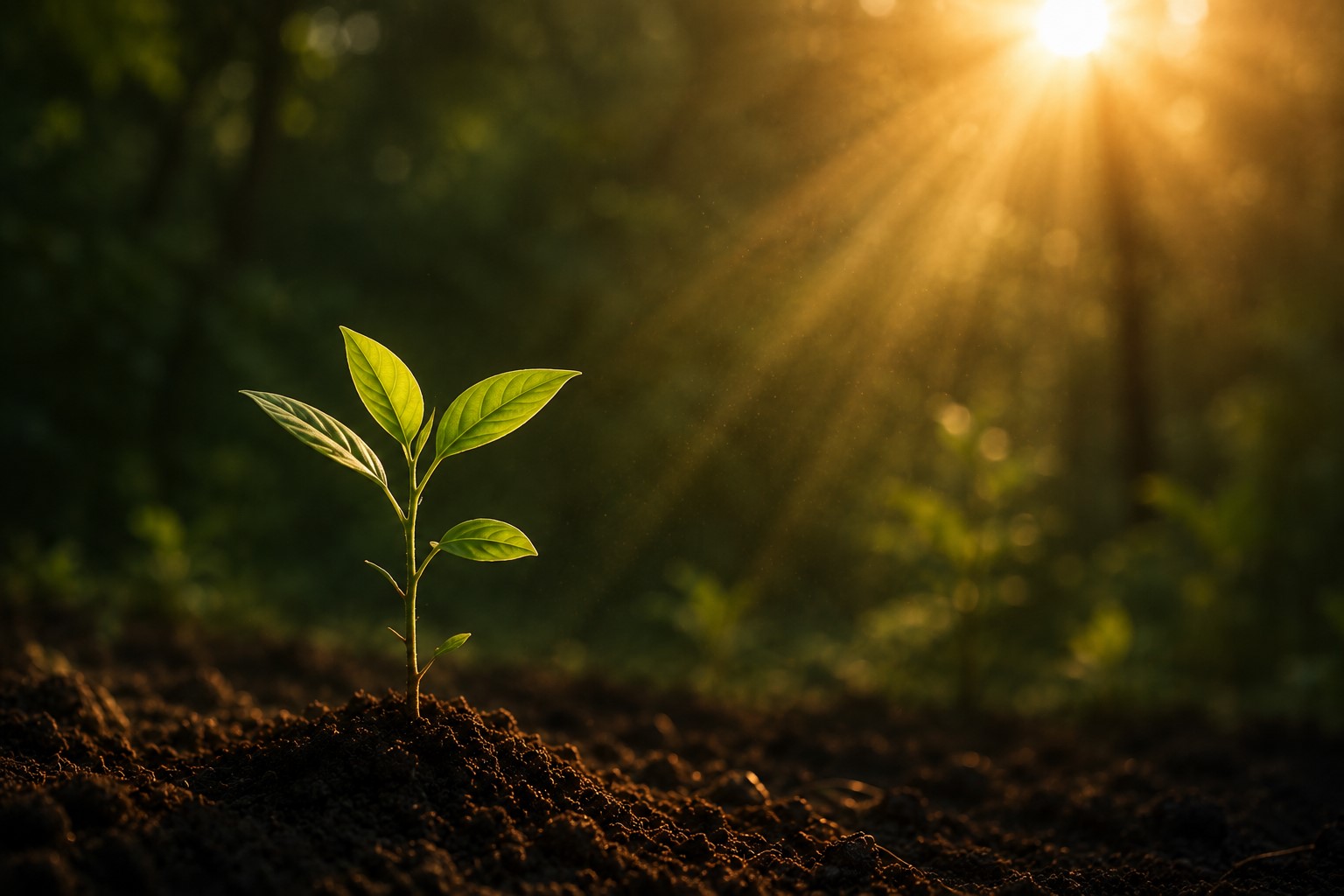 Jovem planta iluminada pela luz do Sol emergindo do solo, representando os ciclos biológicos, a cronobiologia e a adaptação da vida ao ambiente.