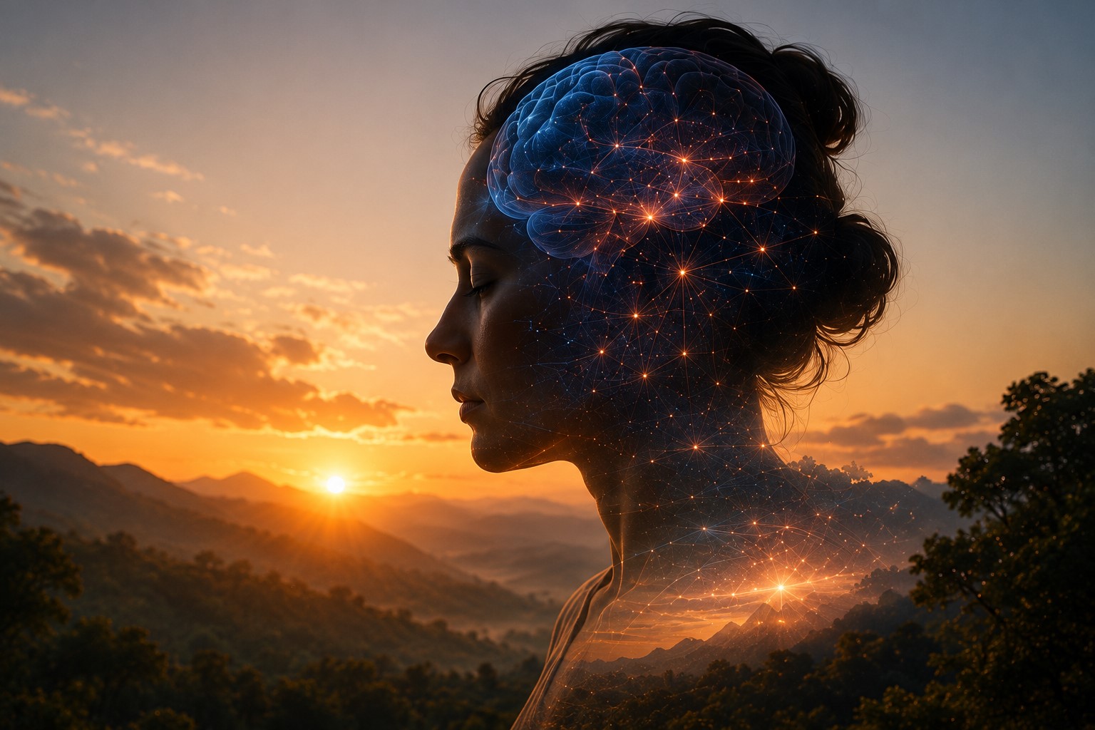 Perfil de uma mulher com representação luminosa de conexões neurais sobreposta ao cérebro diante de uma paisagem ao pôr do Sol, simbolizando a integração entre mente, natureza e ambiente.