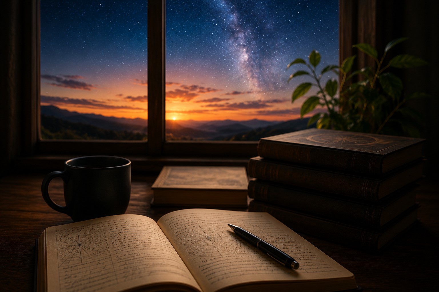 Mesa de estudos com livros, caderno e caneca diante de uma janela voltada para um céu estrelado ao entardecer, representando a investigação científica e a observação do cosmos.