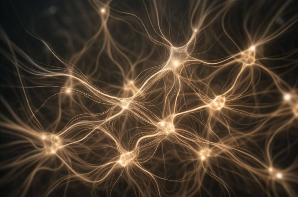 The energetic architecture of the human network Organic energetic network with luminous points and connections representing the invisible architecture of the human system.