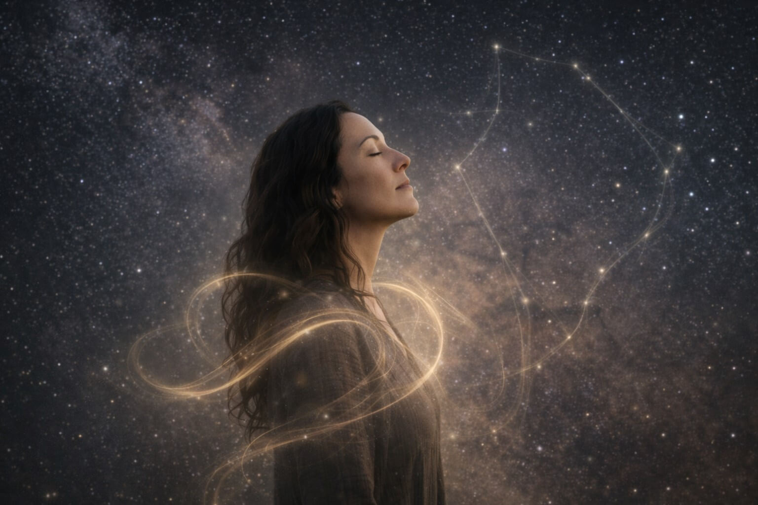 Ophiuchus and the field of regeneration Human figure in contemplation under a starry sky, surrounded by a subtle energy field.
