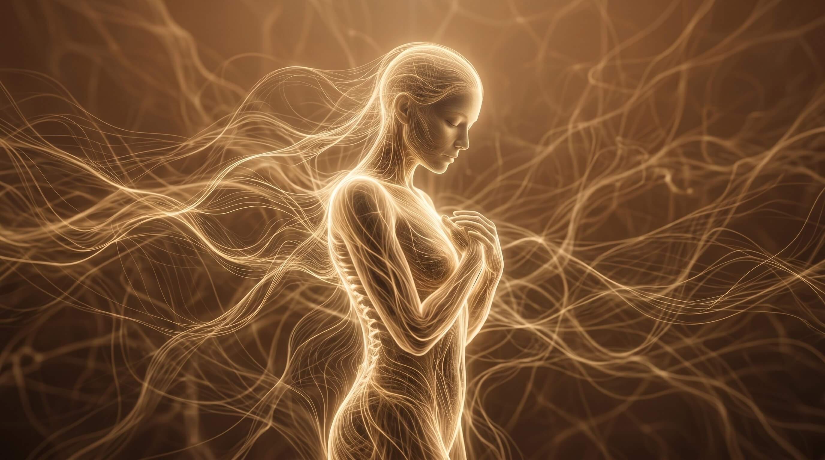 The transition between energetic structure and the body Human figure emerging from a continuous energy network, representing the transition between field and body.