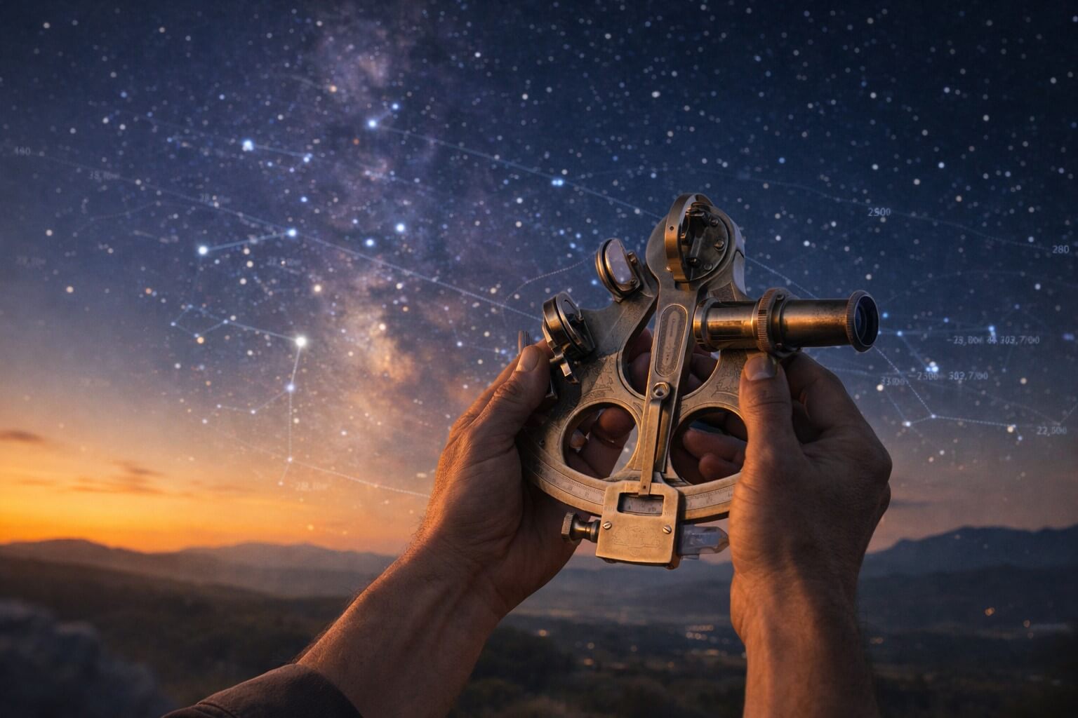 A person studying the sky with an astronomical instrument beneath an open horizon at dusk.