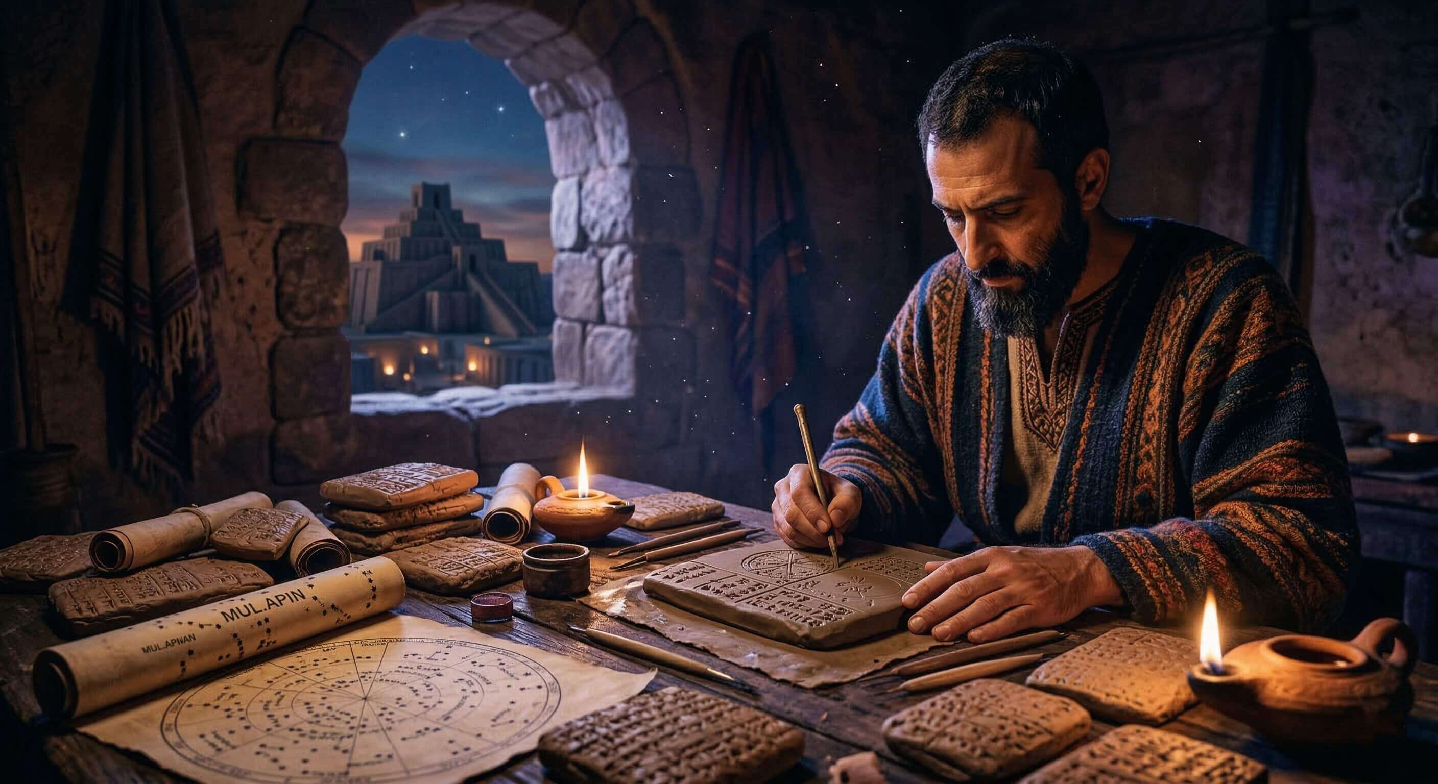 Mesopotamian priest-observer recording information on a clay tablet, representing the observation of the sky and the recording of knowledge.