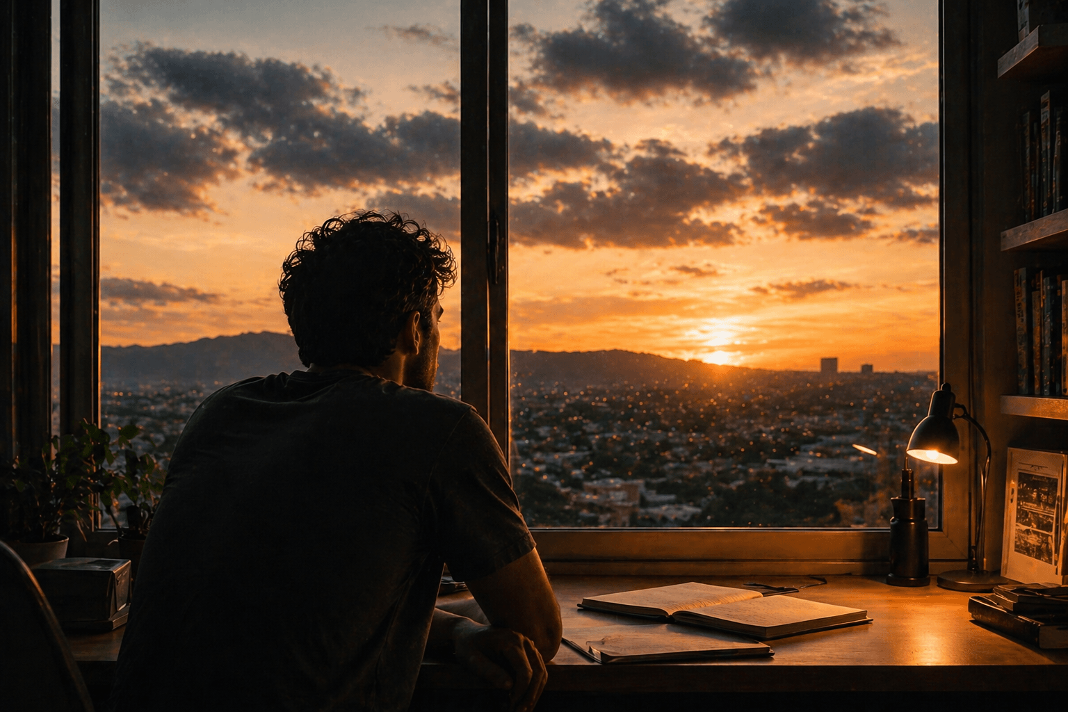 Man observing the sunset through a window while reflecting indoors