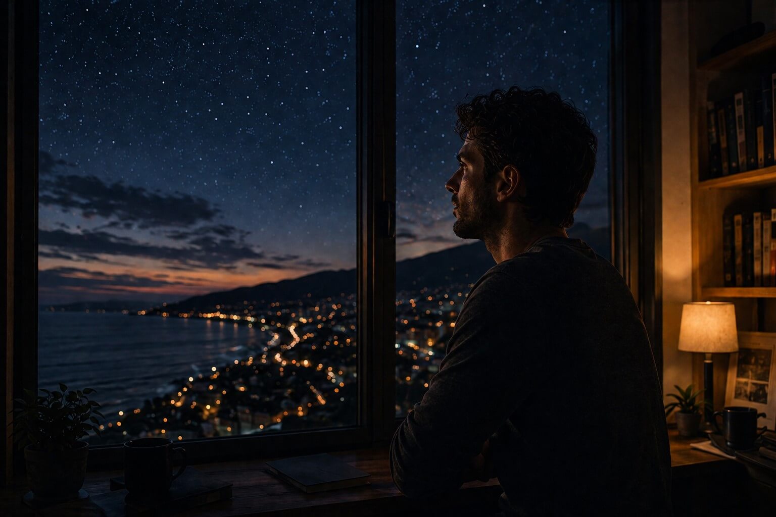 Man observing the night sky through a window in silent introspection