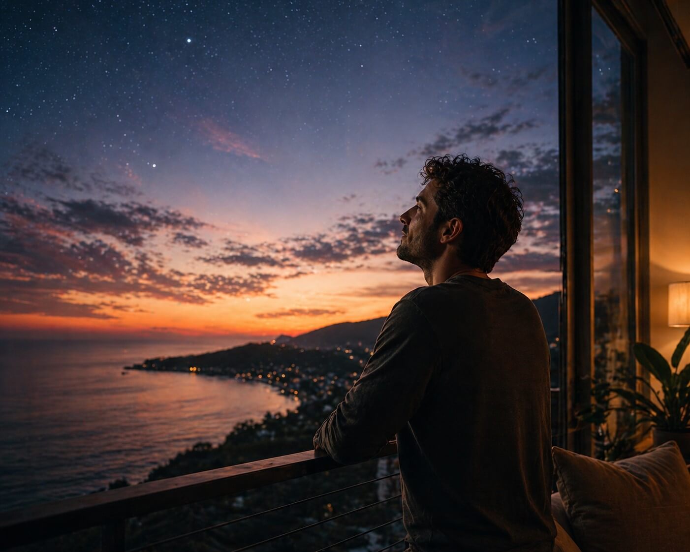 Man standing on a balcony at dusk in silence, in harmony with the sky and horizon