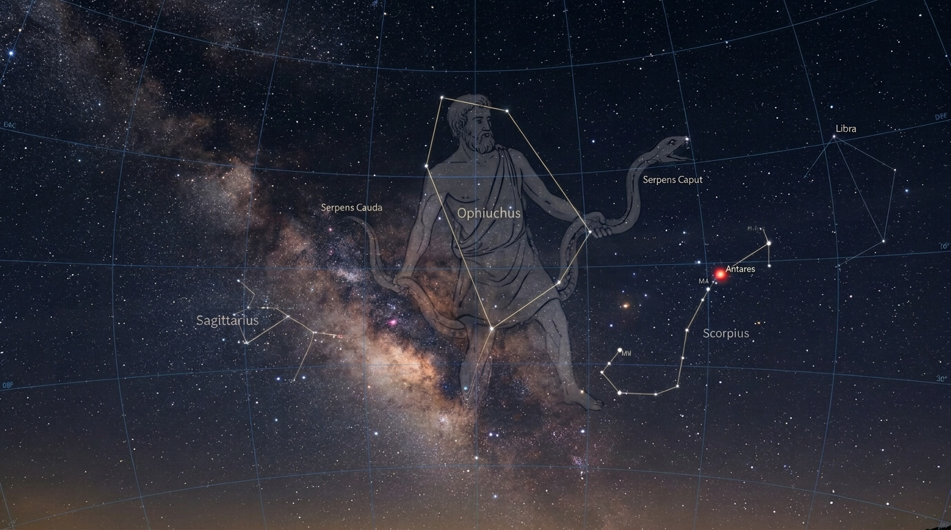 Constellation of Ophiuchus with Serpens Caput and Cauda, along with Scorpius and Sagittarius, along the ecliptic in the region of the Milky Way.