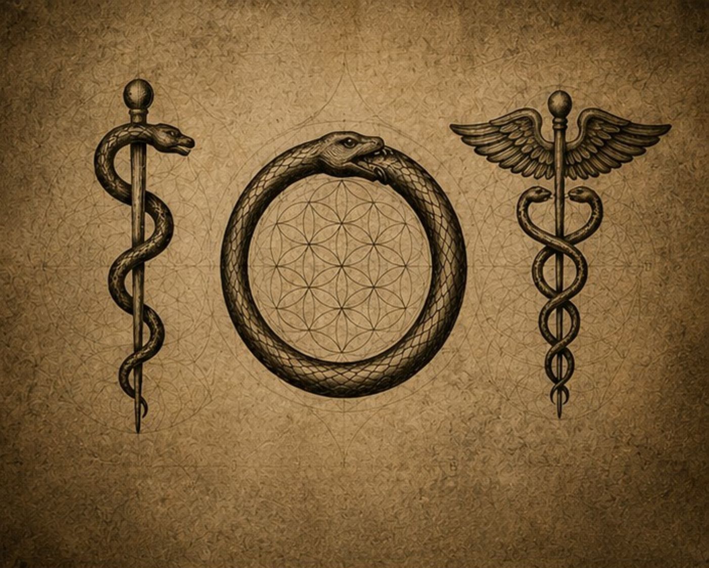 Símbolos antigos da serpente e do bastão de cura associados à regeneração, consciência e transformação dentro do arquétipo de Ophiuchus.