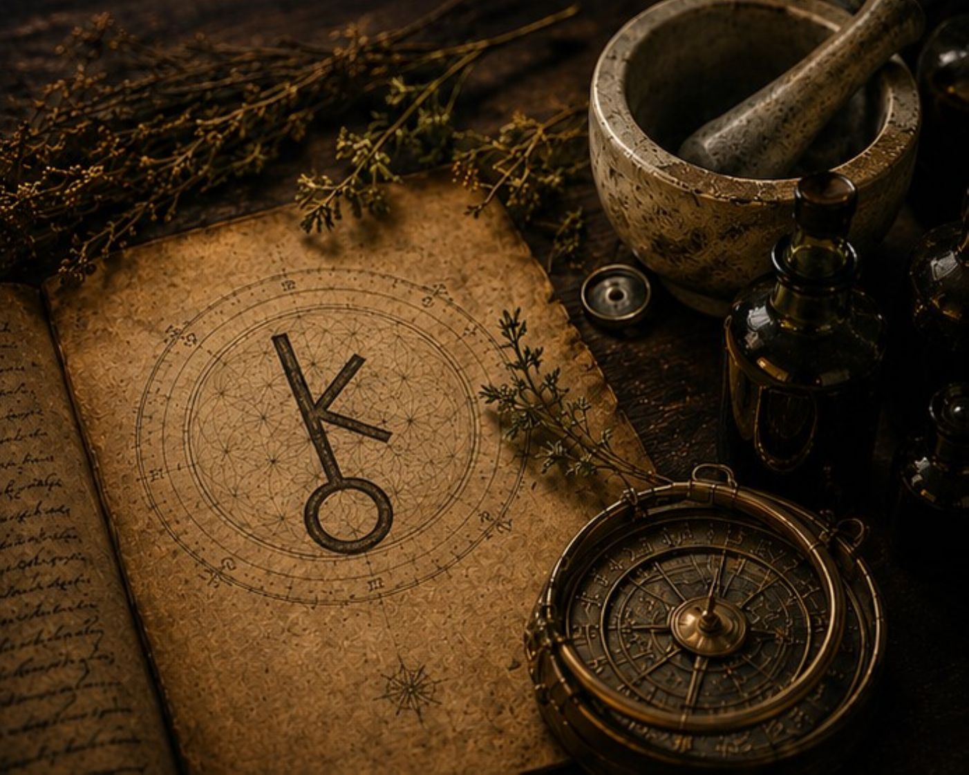 Composição simbólica com o glifo de Quíron, manuscritos antigos, ervas e instrumentos alquímicos ligados à cura e à consciência interior.