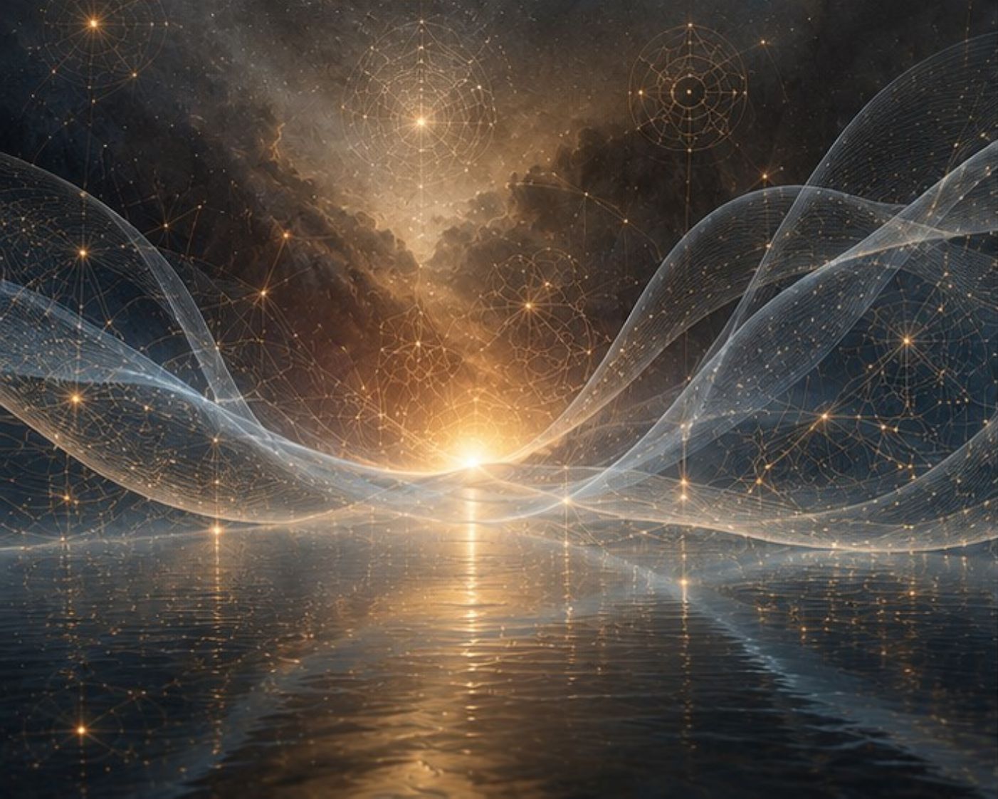 Paisagem etérea com luz dourada, padrões geométricos sutis e camadas translúcidas representando o elemento Éter e os campos invisíveis da percepção.