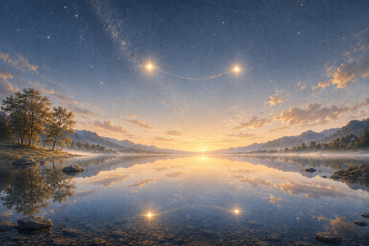 Paisagem contemplativa com lago refletindo um céu estrelado, onde duas estrelas conectadas por uma linha luminosa simbolizam profundidade emocional, presença e vínculo silencioso.