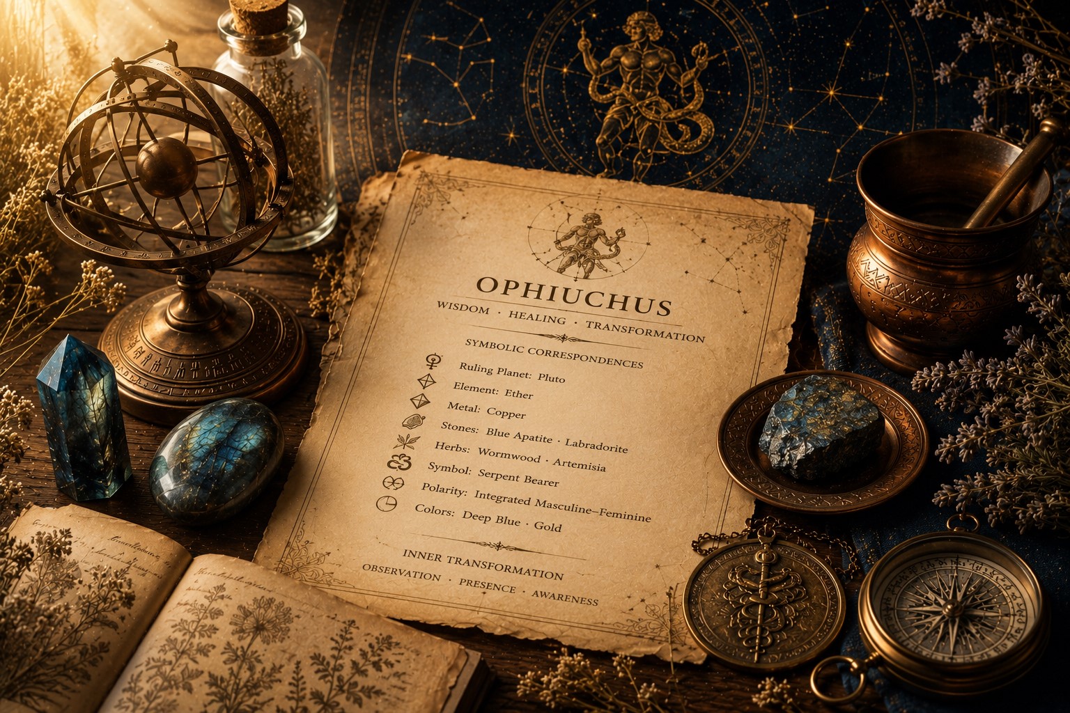 Composição simbólica com manuscritos antigos, pedras, instrumentos alquímicos e referências celestes associadas às correspondências arquetípicas de Ophiuchus.