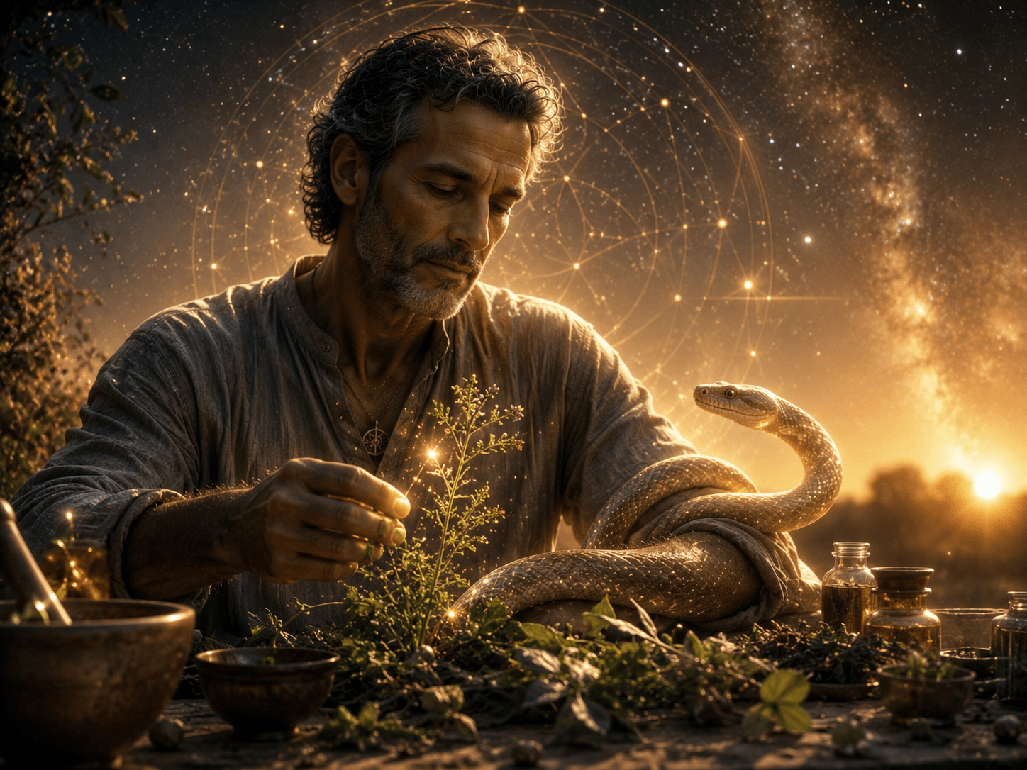 Cena simbólica cinematográfica de um curador trabalhando com ervas luminosas e uma serpente mística, representando cura ancestral, regeneração e consciência da natureza.