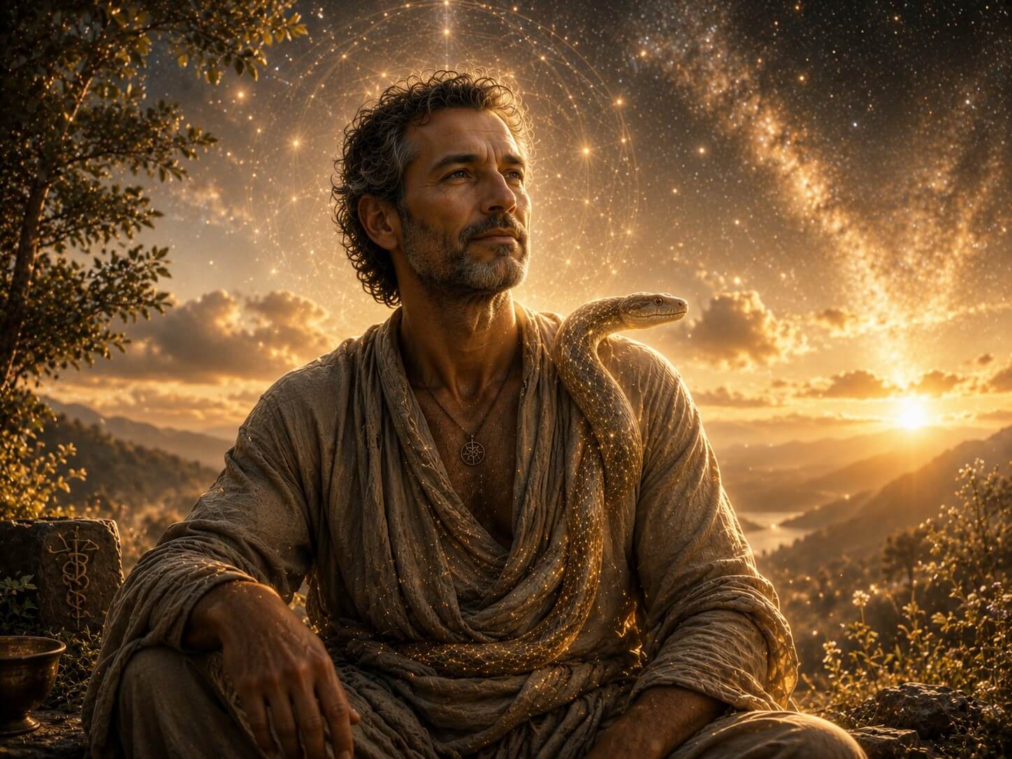 Retrato cinematográfico sereno de um homem e uma serpente luminosa sob um céu cósmico dourado, simbolizando integração, equilíbrio e despertar da consciência.