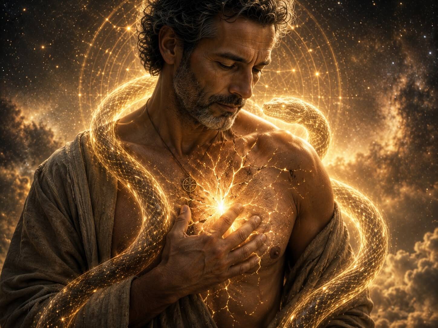 Retrato simbólico cinematográfico de um homem com fissuras luminosas no peito e uma serpente dourada, representando transmutação emocional, cura interior e despertar da consciência.