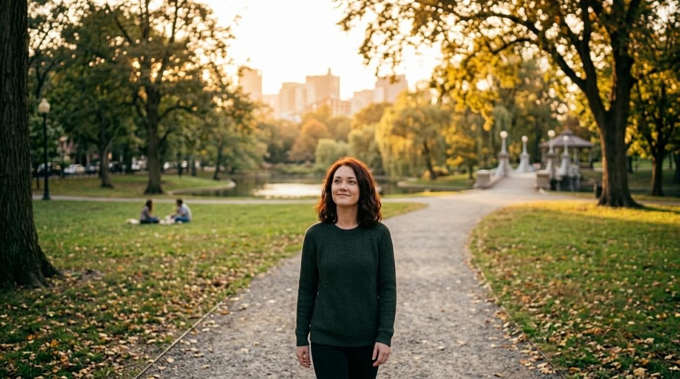 Mulher caminhando em um parque ao entardecer, com luz suave e ambiente aberto, transmitindo sensação de leveza e possibilidade.
