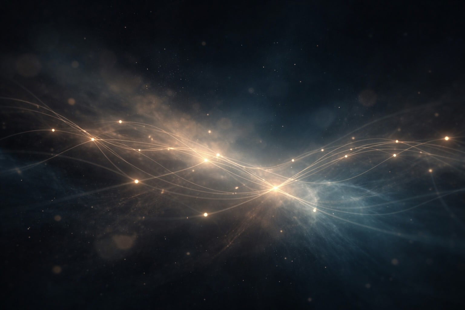 Luminous lines forming subtle connections against a dark background, suggesting patterns emerging from the relationships between different elements.