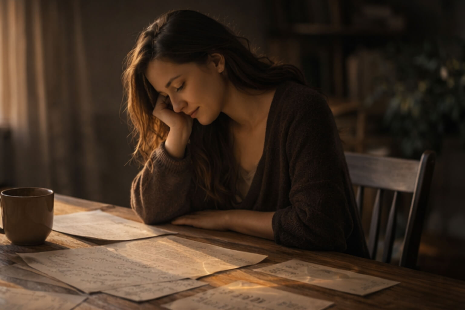 Woman reflecting on handwritten notes on a softly lit table, representing the deepening of self-knowledge.