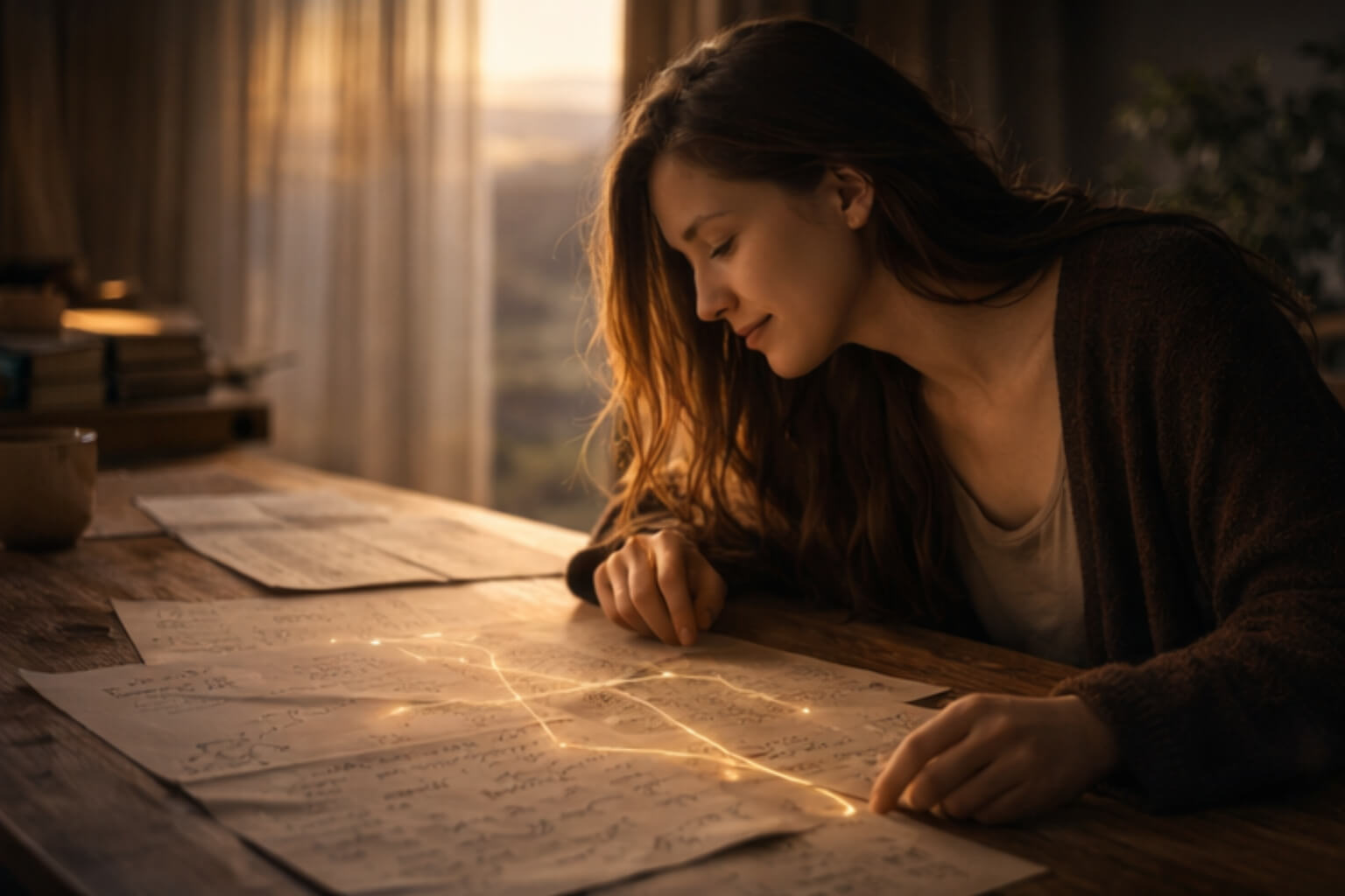 Woman analyzing notes on a table, where luminous lines connect the elements, symbolizing the structured interpretation of the natal chart.