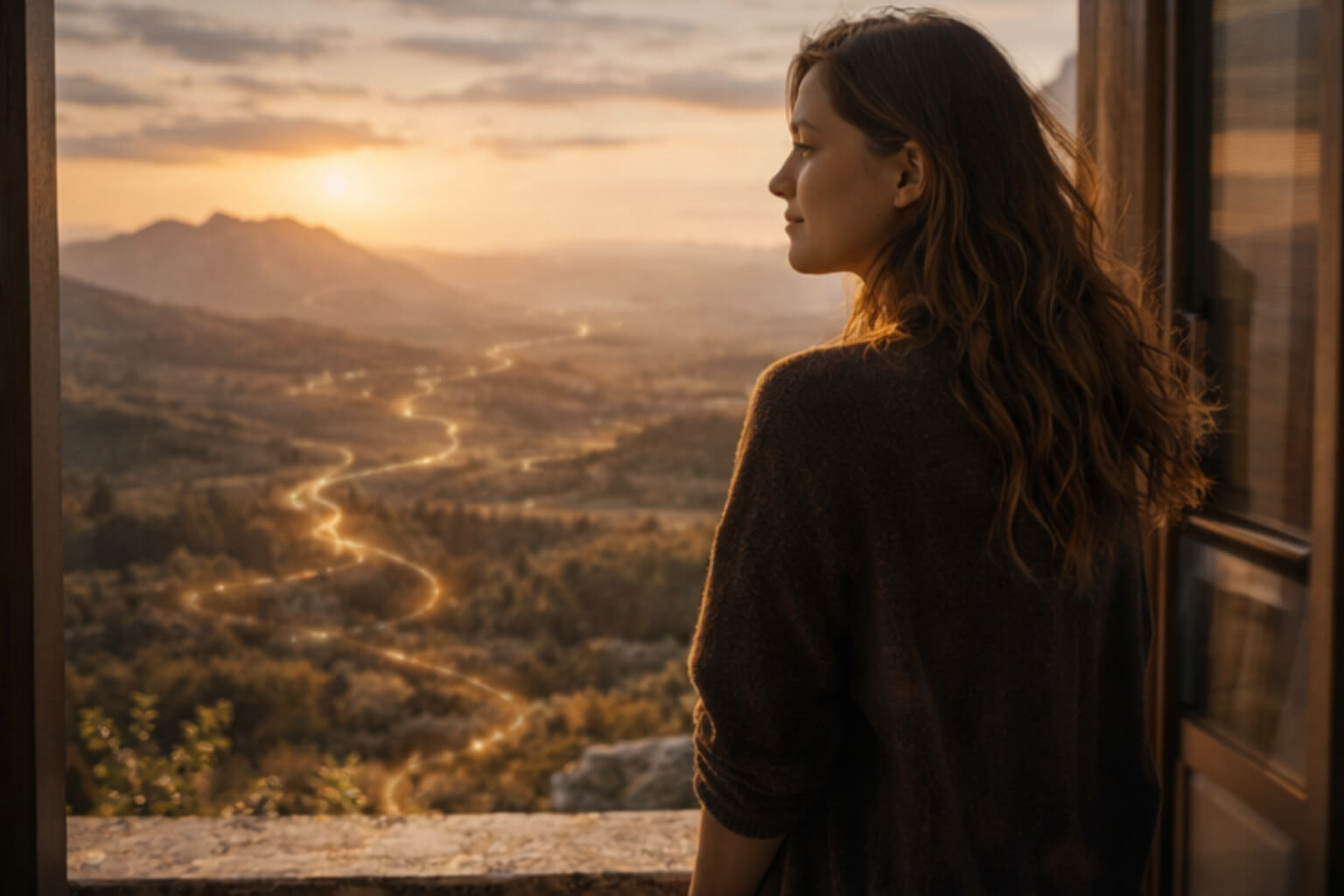 Woman standing by a window observing a landscape at sunset with a luminous path in the distance, representing contemplation of one’s life path.