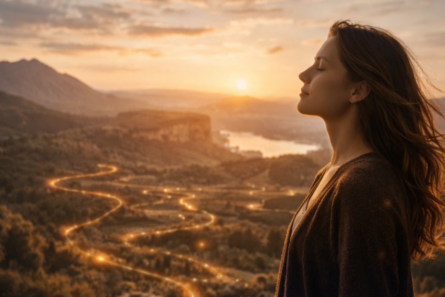 Woman with eyes closed facing the horizon at sunset, while a luminous path winds through the landscape, symbolizing the paths of life.
