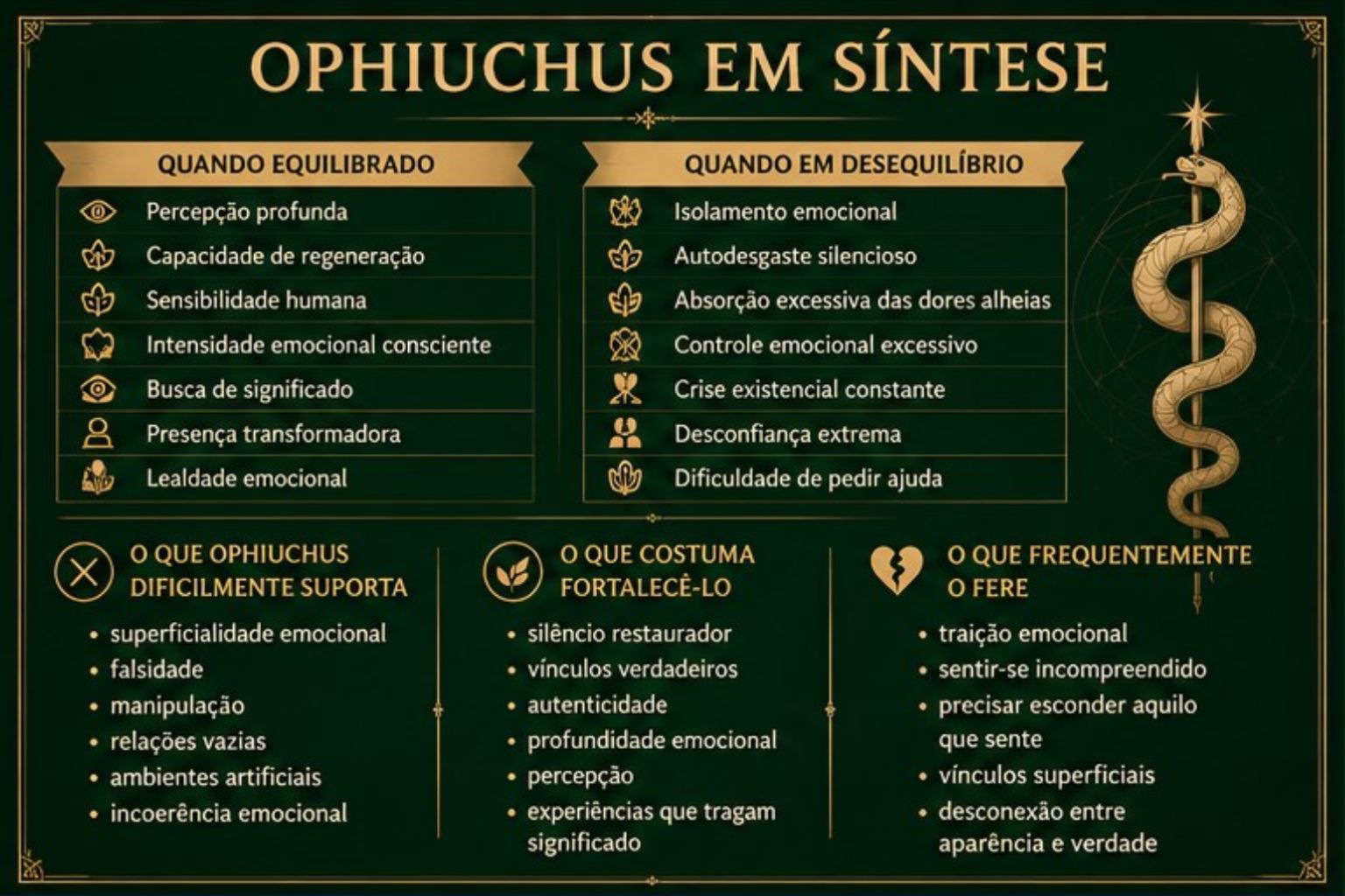 Tabela comparativa apresentando características de Ophiuchus em equilíbrio e desequilíbrio, incluindo percepção profunda, regeneração, isolamento emocional e intensidade interior.
